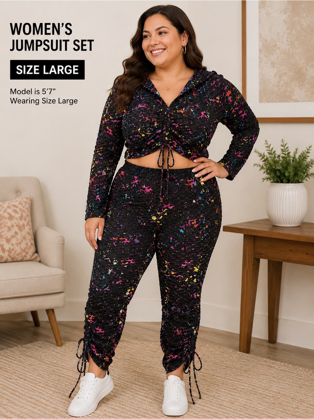 LOVESTAR JUMPSUIT SET Black Cropped Hooded Top with Neon Paint Splatter LARGE